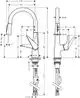 Hansgrohe Küchenmischer mit Einhebelbedienung und Ausziehbrause, zeigt verschiedene Maße und Details zur Installation in technischer Zeichnung.